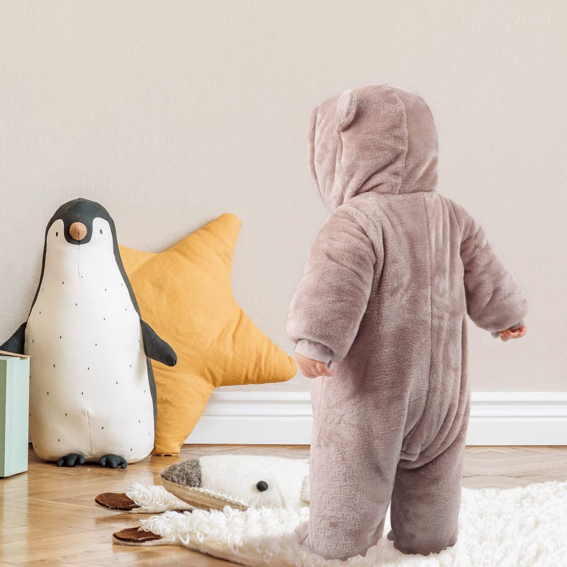JiAmy Newborn Baby Winter Hooded Romper Fleece Snowsuit Jumpsuit Cartoon Cat Outfits for 0-3 Months Brown - Image 3
